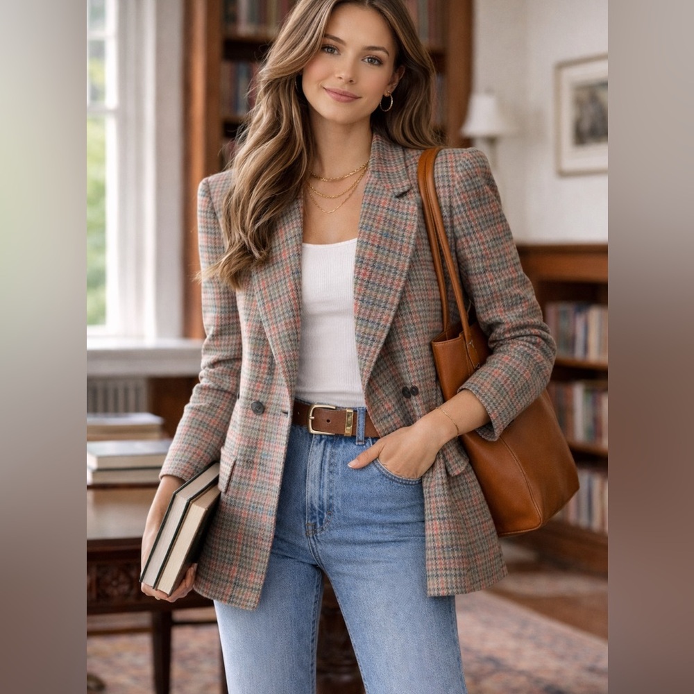 Vintage Giorgio Saint Angelo‎ double breasted Blazer Womens 8 Plaid 100% wool